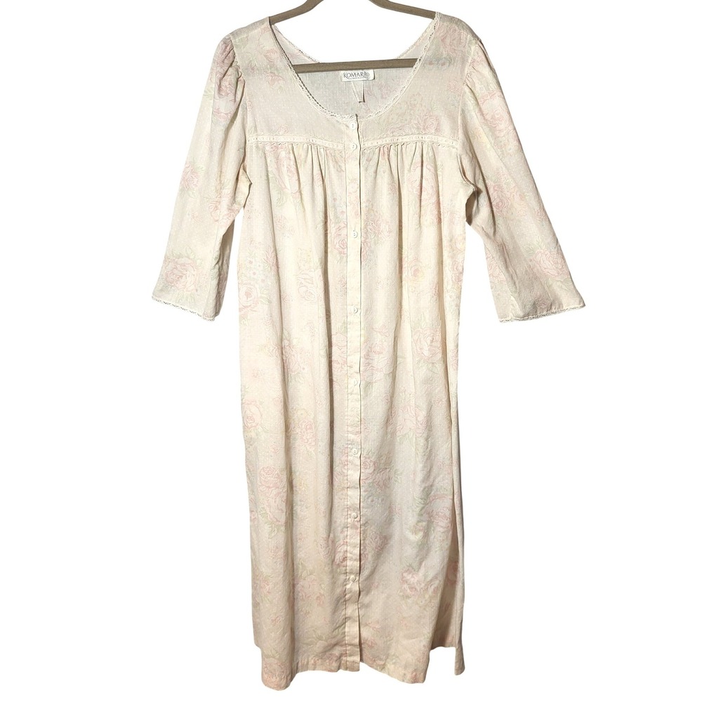 Vintage Komar Floral Cottage Rose Nightgown Lace Button Front Medium 12/14 USA